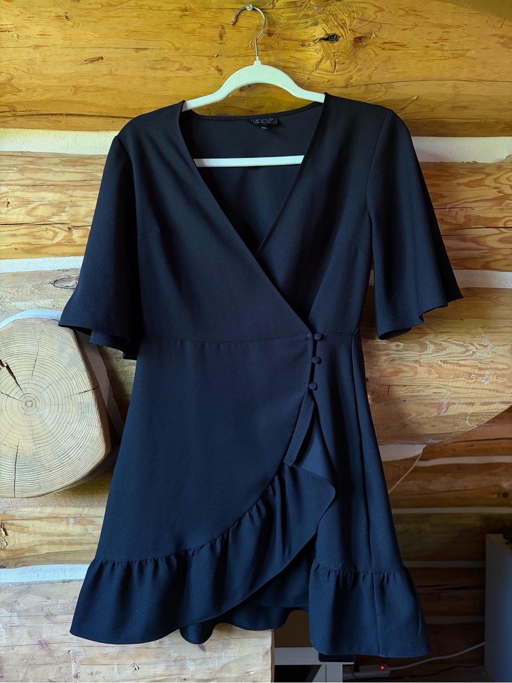 Topshop Black Ruffle-Trim Wrap Mini Dress